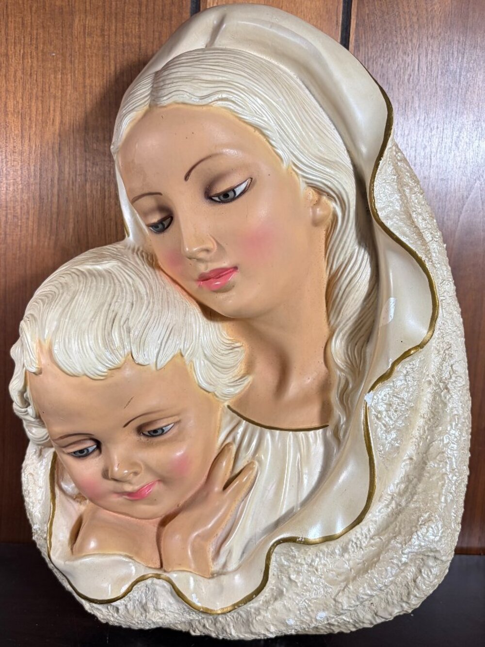 Vintage Mid-Century Madonna and Child Chalkware Wall Plaque Handpainted Italy